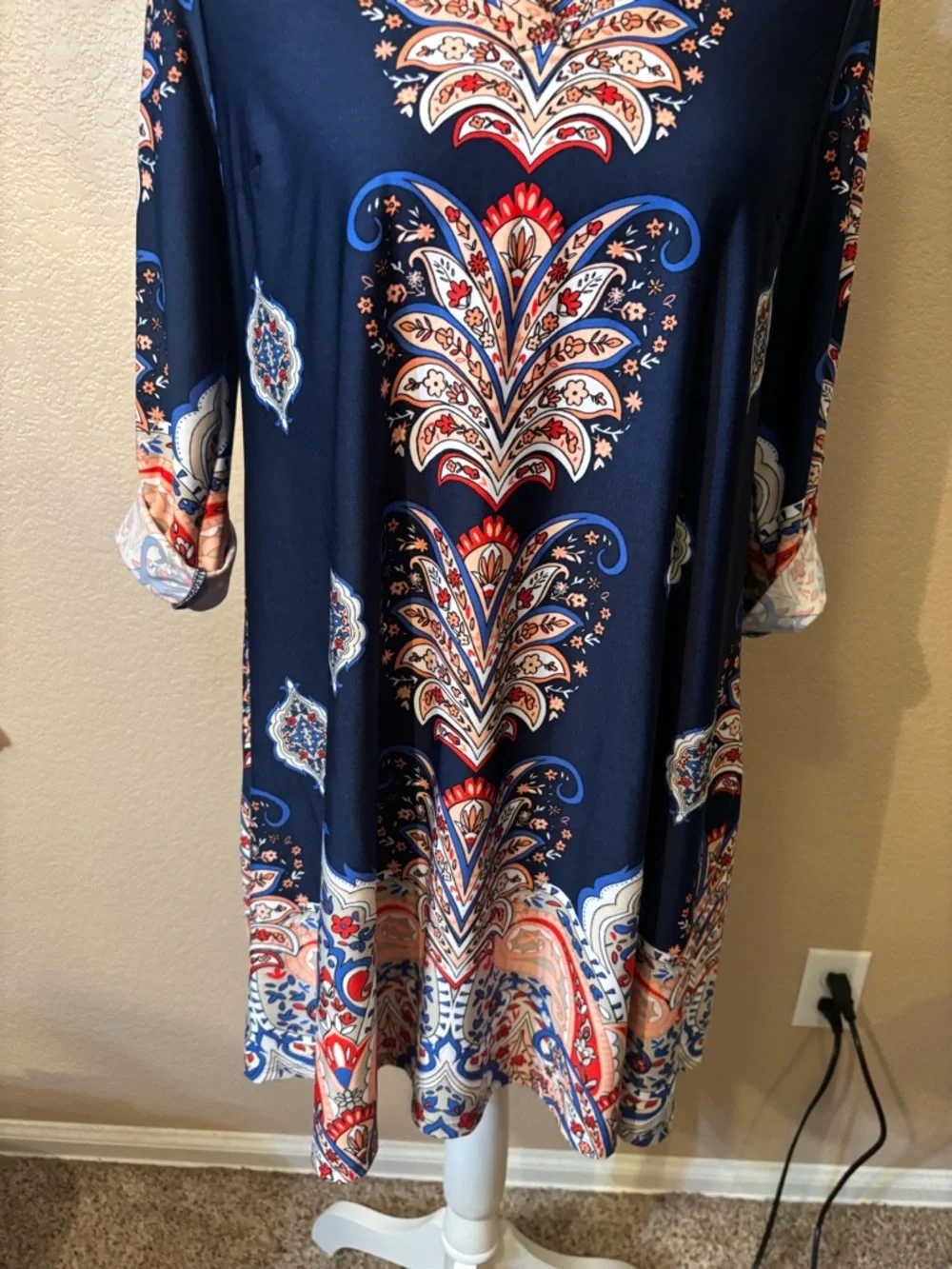 New Directions Dress Small Petite Navy Blue Paisley Floral Orange Red Mini Boho